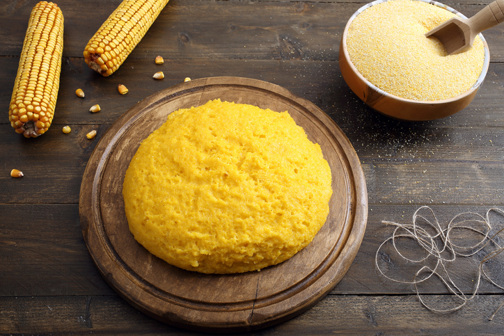 top view polenta on wooden table rustic background
